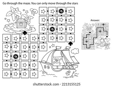 Maze or Labyrinth Game. Puzzle. Coloring Page Outline Of cartoon pirate ship with treasure island. Coloring book for kids.