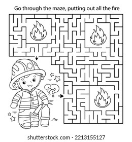 Maze oder Labyrinth Game. Rätsel. Farbseite Umriss von Cartoon Feuerwehrmann oder Feuerwehrmann mit einem Feuerlöscher. Brandbekämpfung. Farbbuch für Kinder.