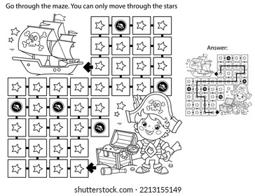 Maze or Labyrinth Game. Puzzle. Coloring Page Outline Of Cartoon pirate with chest of treasure. Pirate ship. Coloring Book for kids.