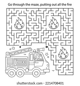 Maze or Labyrinth Game. Puzzle. Coloring Page Outline Of cartoon fireman or firefighter with fire truck. Fire fighting. Coloring book for kids.