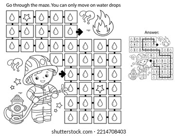 Maze or Labyrinth Game. Puzzle. Coloring Page Outline Of cartoon fireman or firefighter with  hydrant. Fire fighting. Coloring book for kids.