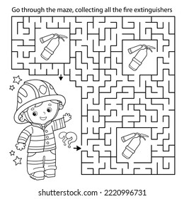 Maze or Labyrinth Game. Puzzle. Coloring Page Outline Of cartoon fireman or firefighter with a extinguisher. Coloring book for kids.