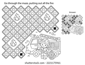 Maze or Labyrinth Game. Puzzle. Coloring Page Outline Of cartoon fireman or firefighter with fire truck. Fire fighting. Coloring book for kids.