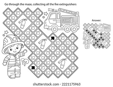 Maze or Labyrinth Game. Puzzle. Coloring Page Outline Of cartoon fireman or firefighter with  fire truck. Coloring book for kids.