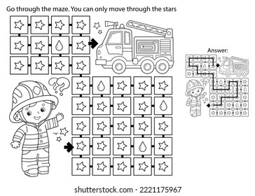 Maze or Labyrinth Game. Puzzle. Coloring Page Outline Of cartoon fireman or firefighter with  fire truck. Coloring book for kids.