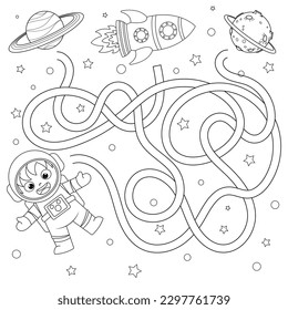 Maze or Labyrinth Game. Puzzle. Coloring Page Outline Of cartoon astronaut with rocket in space. Little spaceman or cosmonaut. Coloring book for kids.