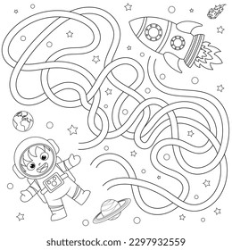 Maze or Labyrinth Game. Puzzle. Coloring Page Outline Of cartoon astronaut with rocket in space. Little spaceman or cosmonaut. Coloring book for kids.