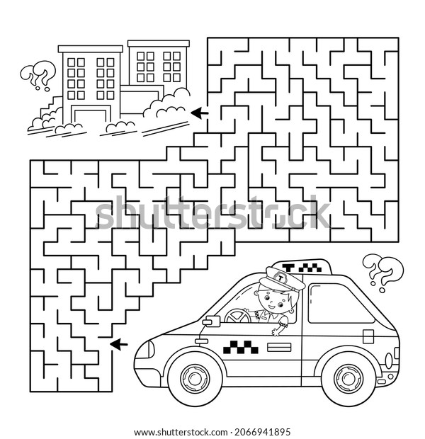 Maze or Labyrinth Game. Puzzle. Coloring Page\
Outline Of cartoon taxi driver with car. Profession - driver. Taxi.\
Coloring book for kids.