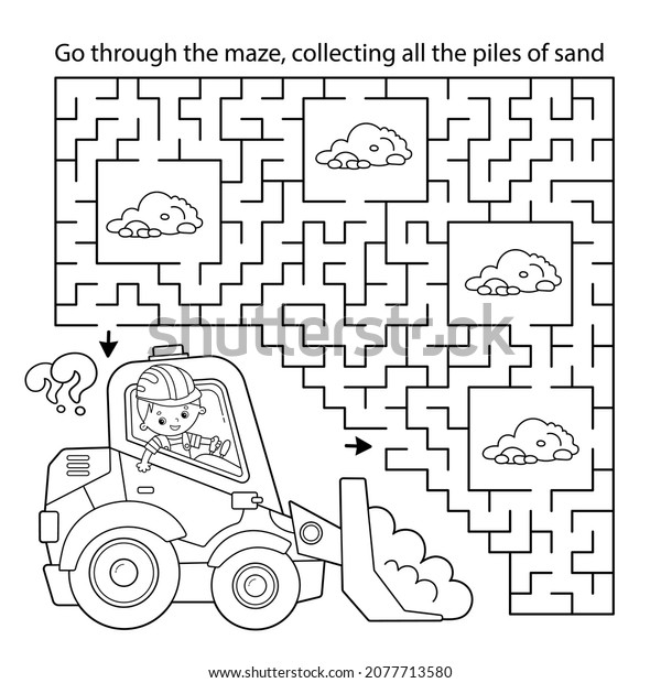 Maze or Labyrinth Game. Puzzle. Coloring Page\
Outline Of cartoon bulldozer. Construction vehicles. Profession.\
Coloring book for kids.