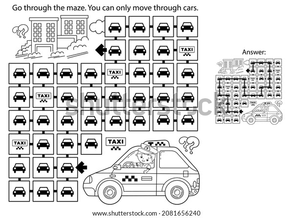 Maze or Labyrinth Game. Puzzle. Coloring Page\
Outline Of cartoon taxi driver with car. Profession - driver. Taxi.\
Coloring book for kids.