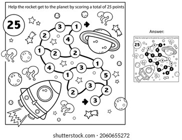 Maze or Labyrinth Game. Puzzle. Mathematical addition game. Coloring Page Outline Of cartoon rocket in space. Coloring book for kids.