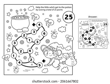 Maze or Labyrinth Game. Puzzle. Mathematical addition game. Coloring Page Outline Of cartoon little witch on broom with pot and with cat. Halloween. Coloring book for kids.