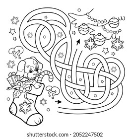 Maze or Labyrinth Game. Puzzle. Tangled Road. Coloring Page Outline Of Christmas boot or sock with gifts and dog. Christmas. New year. Coloring book for kids.