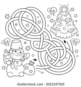 Maze or Labyrinth Game. Puzzle. Tangled Road. Coloring Page Outline Of snowman with Christmas tree. New year. Christmas. Coloring book for kids.