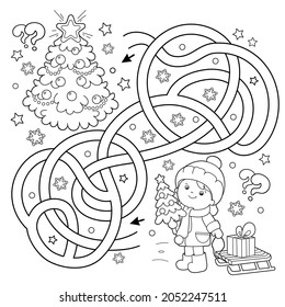 Maze or Labyrinth Game. Puzzle. Tangled Road. Coloring Page Outline Of children with gifts at Christmas tree. Christmas. New year. Coloring book for kids. 