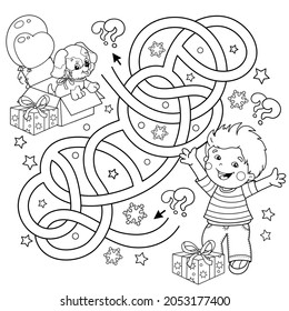 Maze or Labyrinth Game. Puzzle. Tangled Road. Coloring Page Outline Of cartoon Boy with dog and gifts. Christmas. New year. Coloring book for kids.