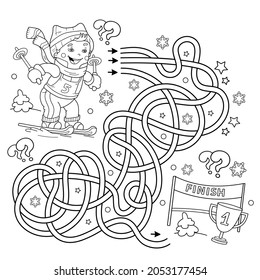 Maze or Labyrinth Game. Puzzle. Tangled Road. Coloring Page Outline Of cartoon boy skiing. Winter sports. Coloring book for kids.