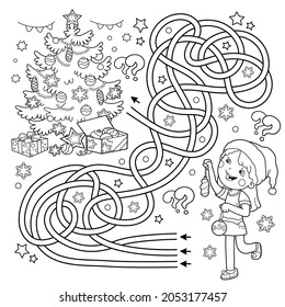 Maze or Labyrinth Game. Puzzle. Tangled Road. Coloring Page Outline Of cartoon girl decorating the Christmas tree. Christmas. New year. Coloring book for kids.