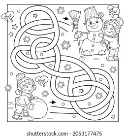 Maze or Labyrinth Game. Puzzle. Tangled Road. Coloring Page Outline Of cartoon boy with girl making snowman together. Winter. Coloring book for kids.