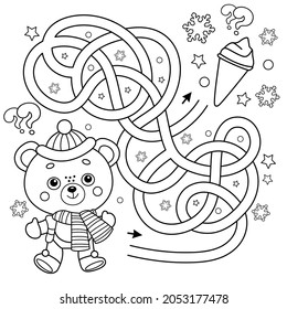 Maze or Labyrinth Game. Puzzle. Tangled Road. Coloring Page Outline Of little toy bear with ice cream. Winter. Coloring book for kids