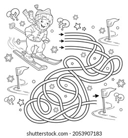 Maze or Labyrinth Game. Puzzle. Tangled Road. Coloring Page Outline Of cartoon boy skiing. Winter sports. Coloring book for kids.