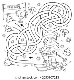 Maze or Labyrinth Game. Puzzle. Tangled Road. Coloring Page Outline Of cartoon girl skiing. Winter sports. Coloring book for kids.