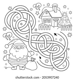 Maze or Labyrinth Game. Puzzle. Tangled Road. Coloring Page Outline Of Santa Claus with gifts bag and Christmas tree. New year. Christmas. Coloring book for kids.