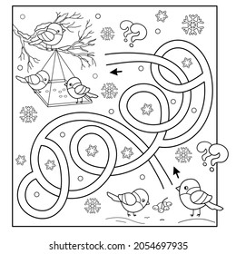 Maze or Labyrinth Game. Puzzle. Tangled Road. Coloring Page Outline Of cartoon birds in the winter. Bird feeder. Coloring book for kids.