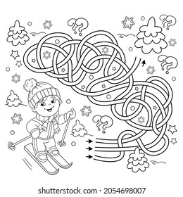 Maze or Labyrinth Game. Puzzle. Tangled Road. Coloring Page Outline Of cartoon boy skiing. Winter sports. Coloring book for kids.