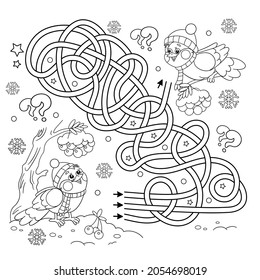 Juego de laberinto o laberinto. Rompecabezas. Camino enredado. Esbozo de página de color de las aves de dibujos animados en invierno. Alimentador de aves. Libro de colorear para niños.