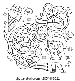Maze or Labyrinth Game. Puzzle. Tangled Road. Coloring Page Outline Of little boy with ice cream. New year. Christmas. Coloring book for kids.