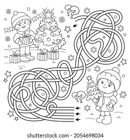 Maze or Labyrinth Game. Puzzle. Tangled Road. Coloring Page Outline Of children with gifts at Christmas tree. Christmas. New year. Coloring book for kids. 