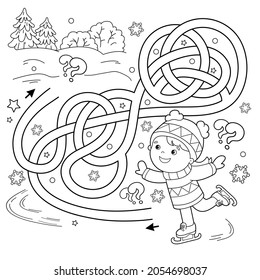 Maze or Labyrinth Game. Puzzle. Tangled Road. Coloring Page Outline Of cartoon girl skating. Winter sports. Coloring book for kids.