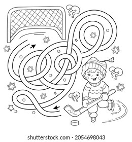 Maze or Labyrinth Game. Puzzle. Tangled Road. Coloring Page Outline Of cartoon boy playing hockey. Winter sports. Coloring book for kids.