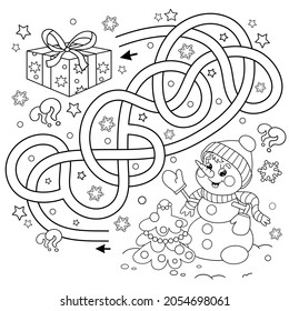 Maze or Labyrinth Game. Puzzle. Tangled Road. Coloring Page Outline Of snowman with Christmas tree. New year. Christmas. Coloring book for kids.