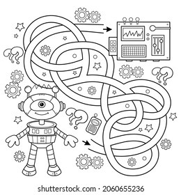 Maze or Labyrinth Game. Puzzle. Tangled road. Coloring Page Outline Of cartoon little robot. Coloring book for kids.