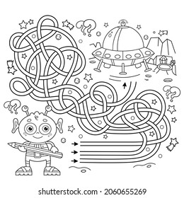 Maze or Labyrinth Game. Puzzle. Tangled road. Coloring Page Outline Of cartoon alien with a flying saucer on a planet in space. Coloring book for kids.