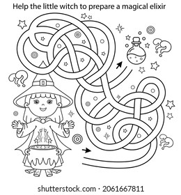 Maze or Labyrinth Game. Puzzle. Tangled road. Coloring Page Outline Of cartoon little witch with magical pot. Magic potion and witchcraft. Coloring book for kids.