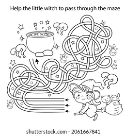 Maze or Labyrinth Game. Puzzle. Tangled road. Coloring Page Outline Of cartoon little witch on broom with pot and with cat. Halloween. Coloring book for kids.