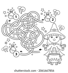 Maze or Labyrinth Game. Puzzle. Tangled road. Coloring Page Outline Of cartoon little witch with magical pot. Magic potion and witchcraft. Coloring book for kids.