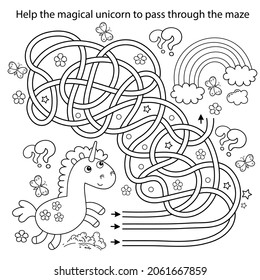 Maze or Labyrinth Game. Puzzle. Tangled road. Coloring Page Outline Of cartoon lovely magic unicorn. Fairy tale hero. Coloring book for kids.