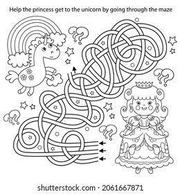 Maze or Labyrinth Game. Puzzle. Tangled road. Coloring Page Outline Of cartoon lovely princess with magic unicorn. Cinderella. Fairy tale. Coloring book for kids.