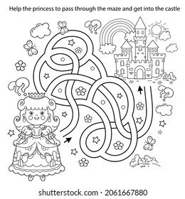 Maze or Labyrinth Game. Puzzle. Tangled road. Coloring Page Outline Of cartoon lovely princess. Beautiful young queen. Royal castle or palace. Fairy tale. Coloring book for kids.