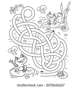 Maze or Labyrinth Game. Puzzle. Tangled road. Coloring Page Outline Of cartoon little frogs. Two fun friends. Coloring book for kids.