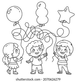 Maze or Labyrinth Game. Puzzle. Tangled road. Coloring Page Outline Of cartoon children with balloons. Guess where whose ball is? Coloring book for kids.