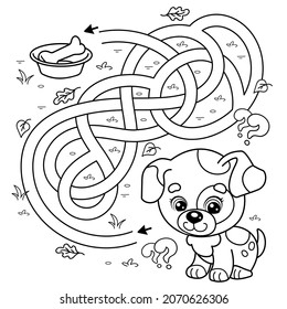 Maze or Labyrinth Game. Puzzle. Tangled road. Coloring Page Outline Of cartoon little dog with bone. Puppy. Coloring book for kids.