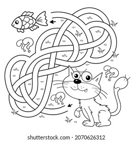 Juego de laberinto o laberinto. Rompecabezas. Camino enmarañado. Esbozo de página de color del gato de dibujos animados con peces. Libro de colorear para niños.
