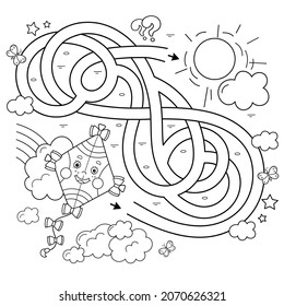 Maze or Labyrinth Game. Puzzle. Tangled road. Coloring Page Outline Of cartoon cheerful fly kite high in the sky. Coloring book for kids.