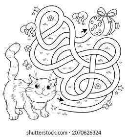 Maze or Labyrinth Game. Puzzle. Tangled road. Coloring Page Outline Of cartoon cat with sausage. Coloring book for kids.