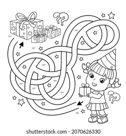 Juego de laberinto o laberinto. Rompecabezas. Camino enmarañado. Esbozo de la página de color de la niña pequeña de dibujos animados con regalos. Cumpleaños. Libro de colorear para niños.